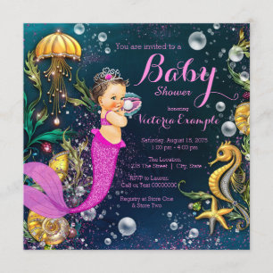 Invitación Chorreo de Bebé Sirena Morena Rosa Caliente