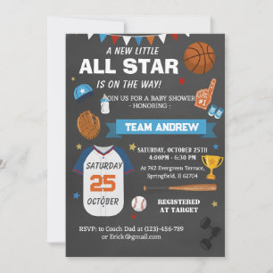 Invitación Chorreo de bebé Todas las Estrellas Deportes Perso