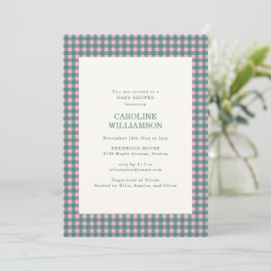 Invitación Chorreo de Cuadro de Gingham Rosa Verde Baby Showe