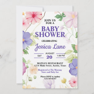 Invitación Chorreo de flores silvestres rosadas y lavanda, Ba