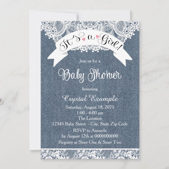 Invitación Chorreo de mezclilla y encaje para baby shower (Anverso)