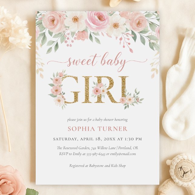 Invitación Chorreo de Niña Floral Rosa Dorado (Blush Pink Gold Floral Girl Baby Shower Invitation)