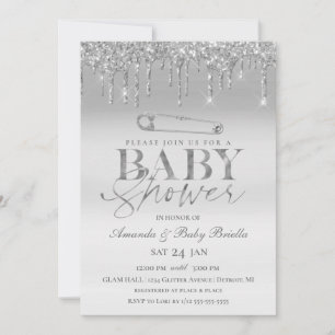 Invitación Chorreo de plata elegante para baby shower con imp