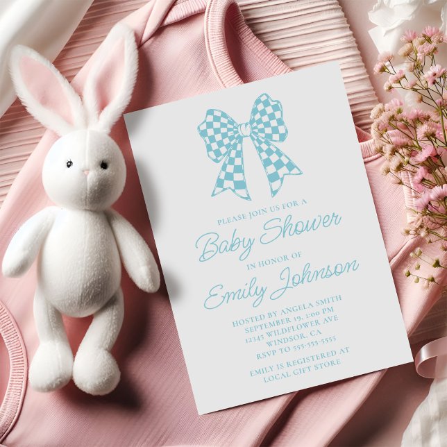 Invitación Chorreo de Robin Huevo Azul y Blanco de Cuadrados  (Robin Egg Blue and White Checker Bow Baby Shower Invitation)