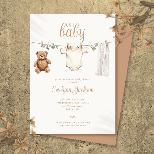 Invitación Chorreo de ropa a la acuarela Baby Shower Neutral (Watercolor Clothesline Neutral Baby Shower Invitation)