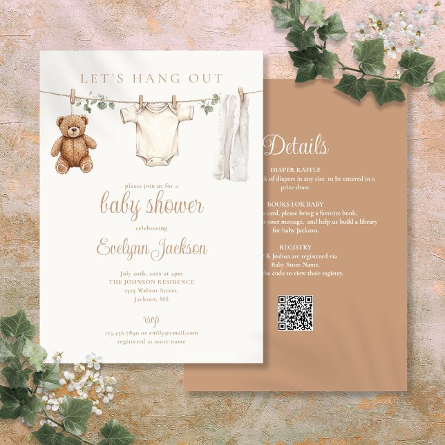 Invitación Chorreo de ropa Cumpleaños de bebé neutro en cuant (Clothesline Gender Neutral Baby Shower All In One Invitation)
