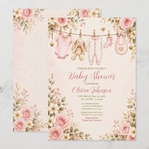 Invitación Chorreo de ropa de ducha de bebé floral rosa Ducha