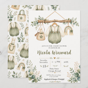 Invitación Chorreo de ropa verde salvia Baby Shower