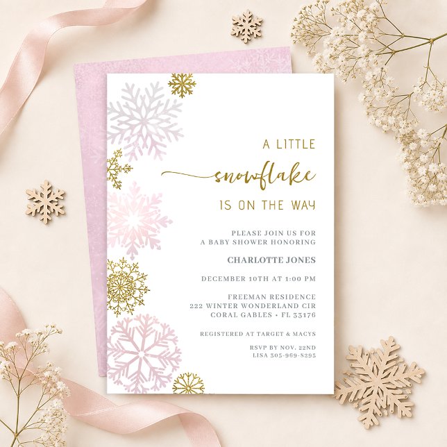 Invitación Chorreo de Rosa Copo de Nieve Invierno Baby Shower (Winter Wonderland Baby Shower Invitation)