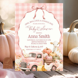 Invitación Chorreo de Rosa Gingham Fiesta de Granjas para Beb