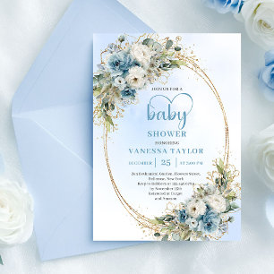 Invitación Chorreo Floral Bohemio de Azul Polvoriento para Ba