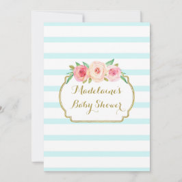 Invitación Chorreo Floral de Acuarela Rosa con Rayas Azules p