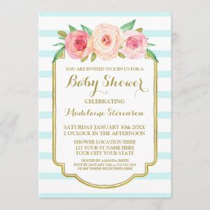 Invitación Chorreo Floral de Acuarela Rosa con Rayas Azules p