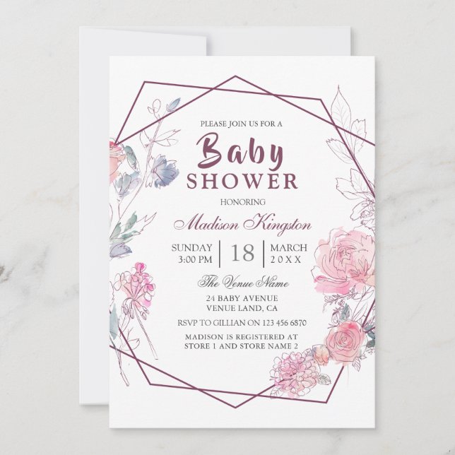 Invitación Chorreo Geométrico Floral Rosa Moderno para Baby S (Anverso)