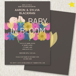 Invitación Chorreo Gris Moderno de Impresión Floral para Baby