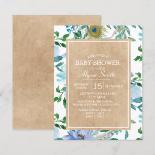 Invitación Chorreo Marrón Kraft Azul Blanco Floral Baby Showe