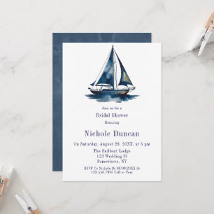 Invitación Chorreo Nupcial Náutico de Velero Azul y Dorado