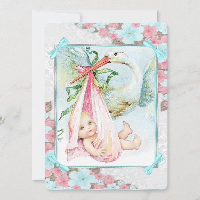 Invitación Chorreón de Bebé Azul Turquesa y Rosa (Anverso)