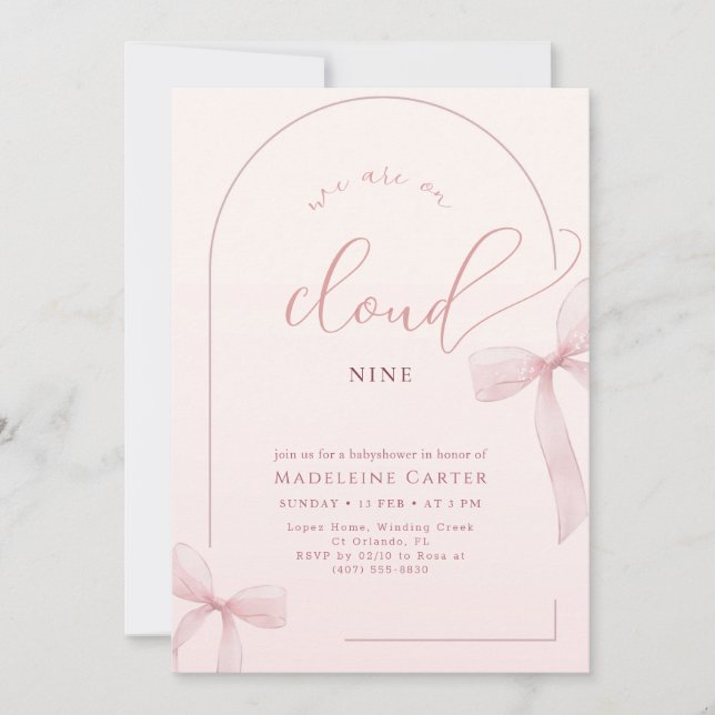 Invitación Chorrete Rosa Fiesta de Bebé con Lazo (Anverso)