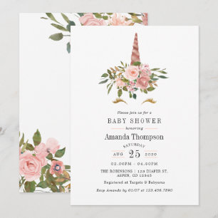 Invitación Chorrete Rosa y Unicornio Floral de Oro Rosa Baby