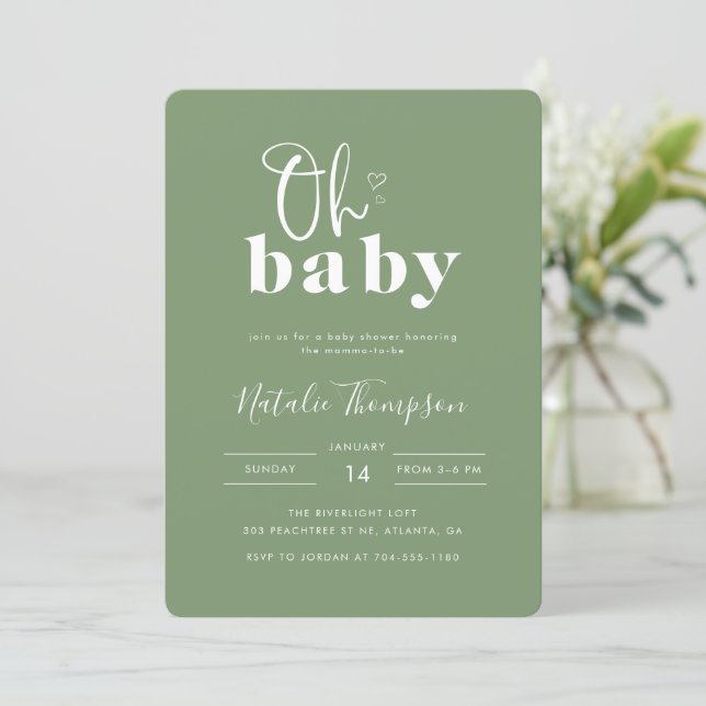 Invitación Chorrito Dulce Fiesta de Bebé Verde Salvia (Anverso de pie)