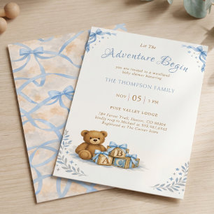 Invitación Chorro Azul Aquarela Oso de Peluche Baby Shower