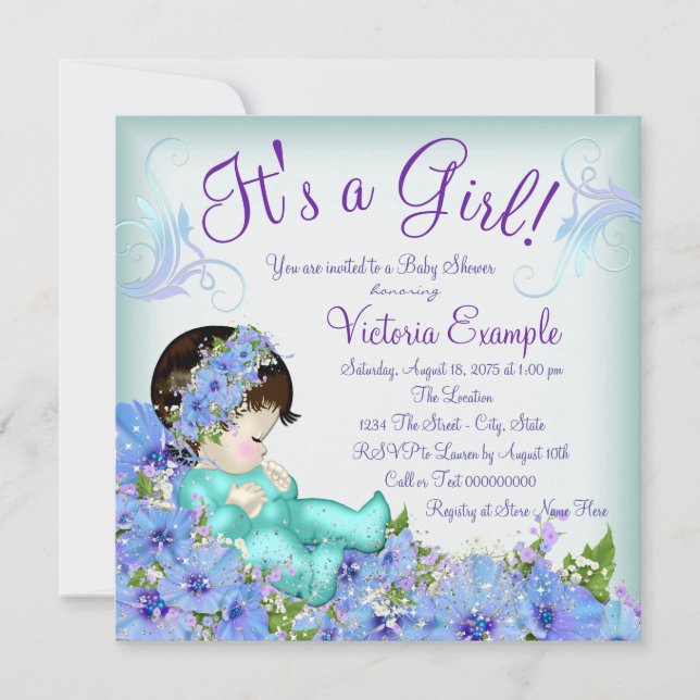Invitación Chorro Azul y Cumpleaños de Bebé Morado (Anverso)