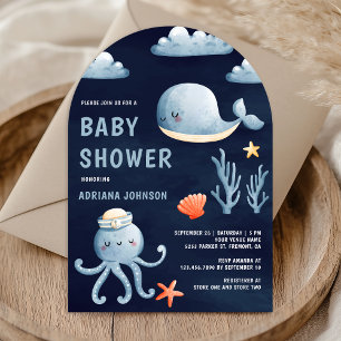 Invitación Chorro de acuarela azul marino arco baby shower