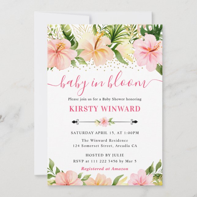Invitación Chorro de Acuarela de Flores Tropicales Rosa Baby  (Anverso)