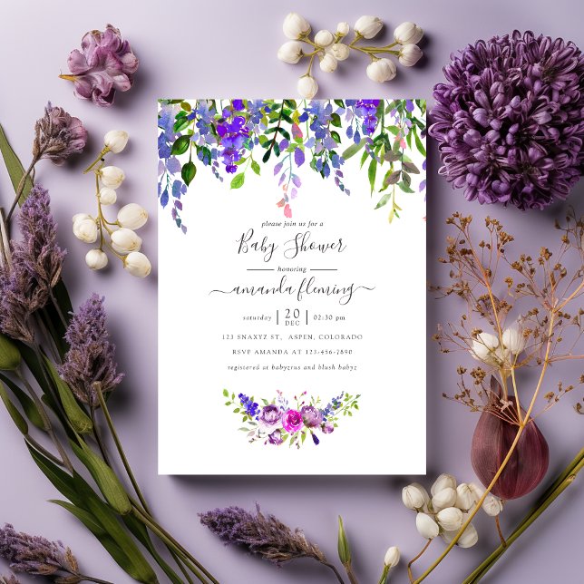 Invitación Chorro de acuarela Fiestal de Violetas para el Beb (Subido por el creador)
