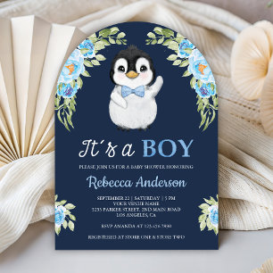 Invitación Chorro de Acuarela Floral Pingüino Azul Marino Bab