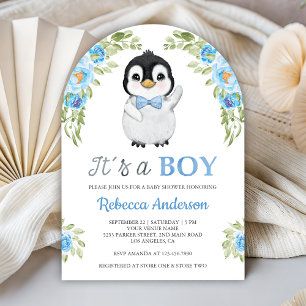 Invitación Chorro de Acuarela Floral Pingüino Baby Shower