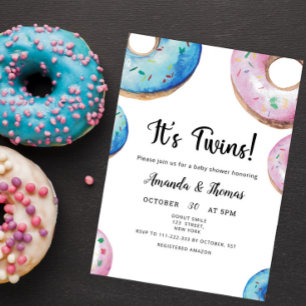 Invitación Chorro de Acuarela Gemelos Niño y Niña Fiesta de B