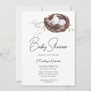 Invitación Chorro de Acuarela Nido de Pájaro y Huevos Baby Sh