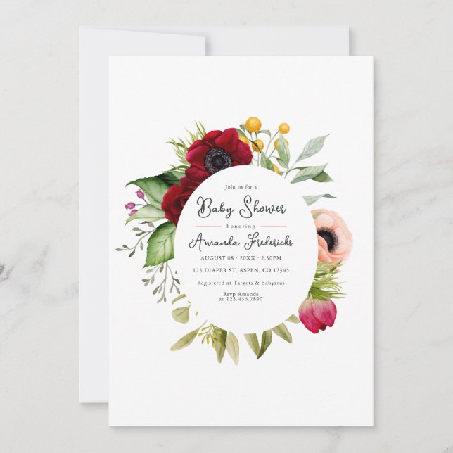 Invitación Chorro de agua Boho Fiesta floral para bebé (Anverso)