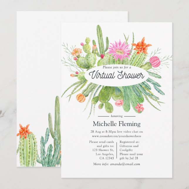 Invitación Chorro de Agua Cactus Baby Shower Virtual (Anverso / Reverso)