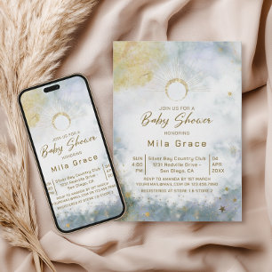 Invitación Chorro de Agua Celeste Dorado para Baby Shower