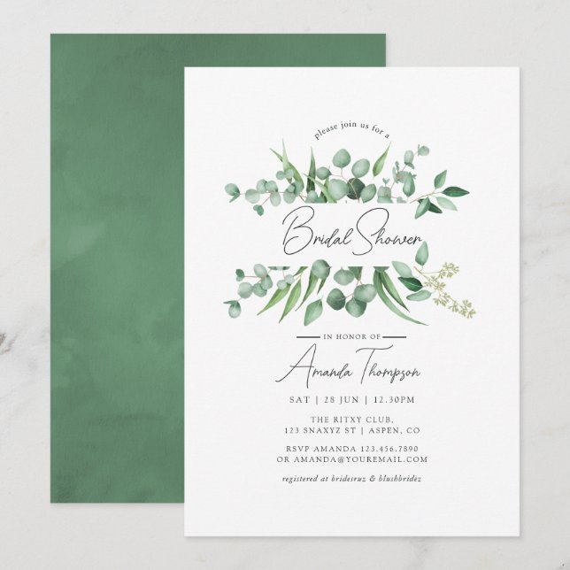 Invitación Chorro de agua Eucalipto Verde Bridal (Anverso / Reverso)