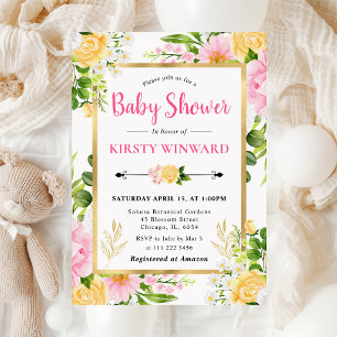 Invitación Chorro de Agua Flores Rosadas y Amarillas Shower d