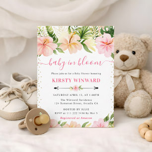 Invitación Chorro de Agua Flores Tropicales Rosadas Baby Show