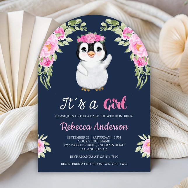Invitación Chorro de agua rosa con flores pingüino azul marin (Subido por el creador)