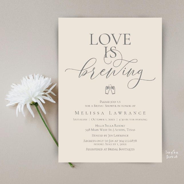 Invitación Chorro de Amor Despedida de Soltera | Letra Elegan (Love Is Brewing Bridal Shower | Elegant Script Invitation Card in Grey Cream)