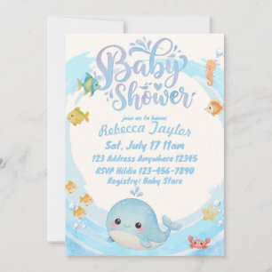 Invitación Chorro de ballena de onda azul acuarela para baby 