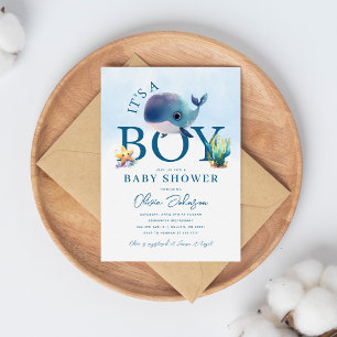 Invitación Chorro de ballena en acuarela para baby shower baj