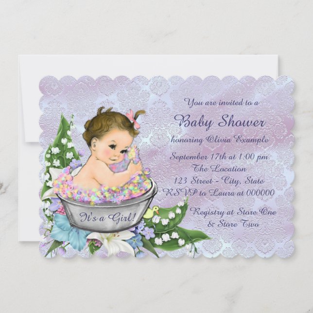 Invitación Chorro de baño de bebé azul morado y verde (Anverso)
