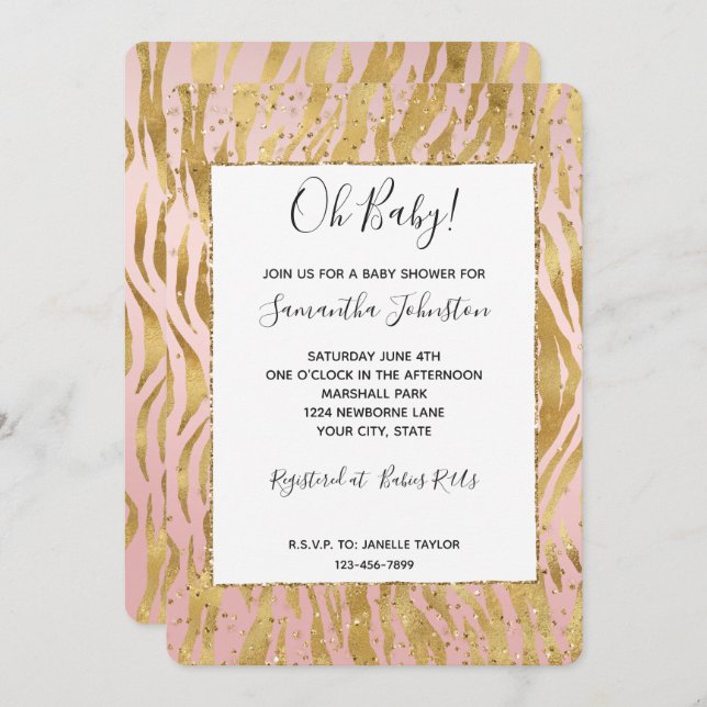 Invitación Chorro de baño de bebé Glitz Gold Rosa Cebra (Anverso / Reverso)