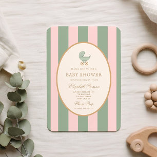 Invitación Chorro de bebé a rayas verdes y rosadas vintage  
