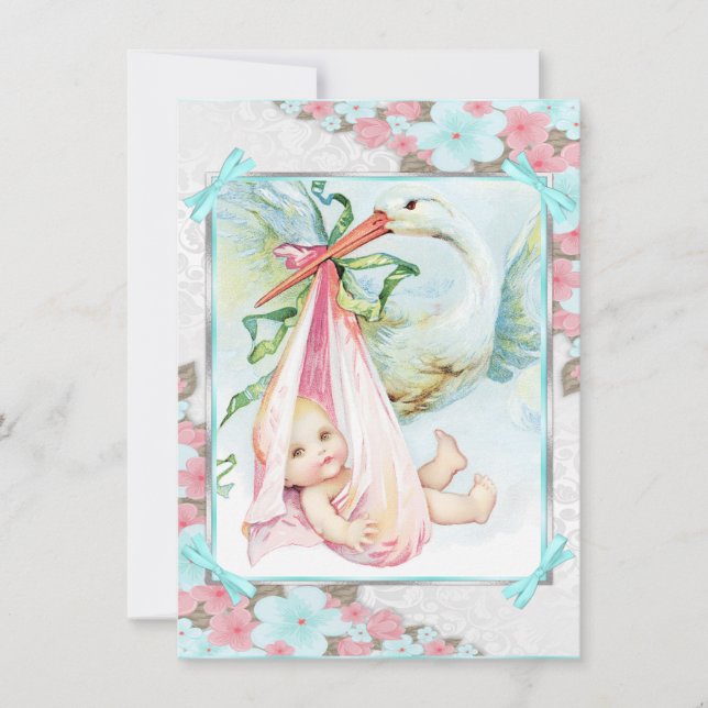 Invitación Chorro de Bebé Azul Turquesa y Rosa (Anverso)