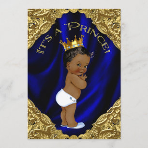 Invitación Chorro de bebé azul y dorado afroamericano príncip