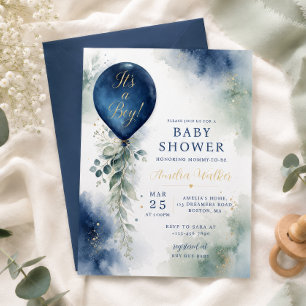 Invitación Chorro de Bebé Botánico de Globo Azul Elegante